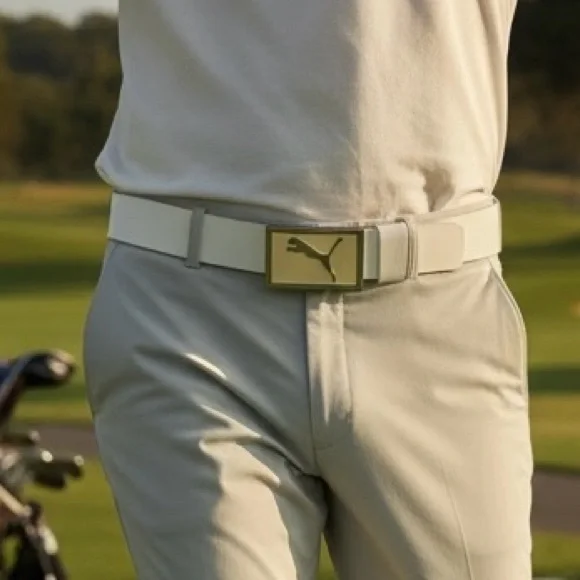 Puma White Leather Belt with Cream & Silver Enamel Logo Buckle - Picture 3 of 9